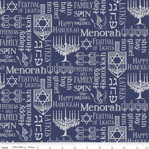 Festival of Lights Fabric by Riley Blake Designs, Menorah Symbols, Blue, Silver, Hanukkah