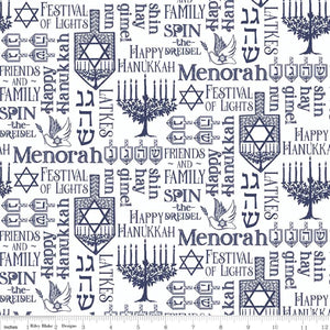 17" x 44" Festival of Lights Fabric by Riley Blake Designs, Menorah Symbols, White, Hanukkah