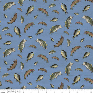 At The Lake Quilt Fabric, Riley Blake Designs, Fish on Blue, Fishing Fabric