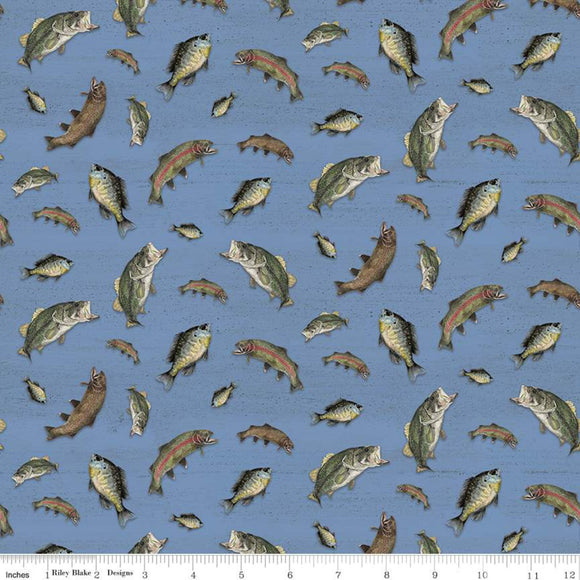 Cotton Fabric - Large Panel - Tight Lines Largemouth Bass Fish