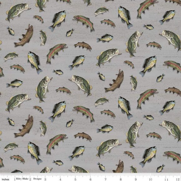 At The Lake Fabric by Riley Blake, Fish Fabric on Gray