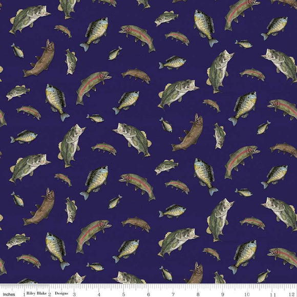 At The Lake Quilt Fabric, Riley Blake Designs, Fish on Navy, Fishing Fabric