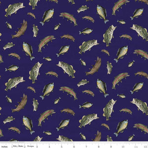 7" x 44" At The Lake Quilt Fabric, Riley Blake Designs, Fish on Navy, Fishing Fabric