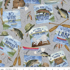 7" x 44" At The Lake Quilt Fabric, Riley Blake Designs, Main Gray, Fishing Fabric