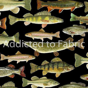 4" x 44" Fishing Fabric, Lakeside Cabin Collection by Timeless Treasures, Trout, Salmon, EOB