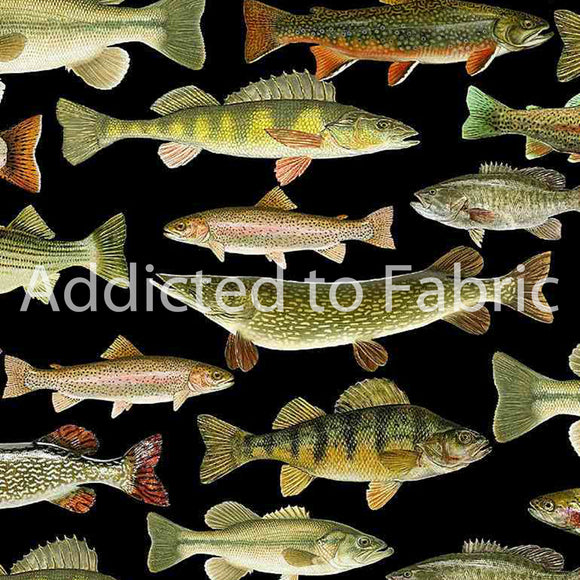 Fishing Fabric, Lakeside Cabin Collection by Timeless Treasures, Trout, Salmon