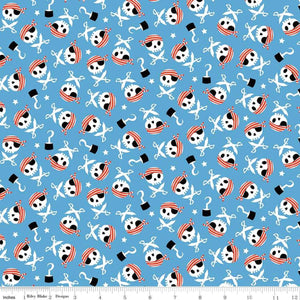 12" x 44" Flannel - Pirates, Skulls and Swords Fabric by the Yard and Half Yard, Blue