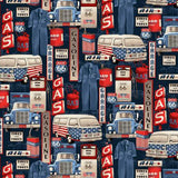4" x 44" American Road Trip, Gas Icons, Fabric by Studio E, Patriotic Vans, Route 66