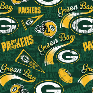 8" x 58" Green Bay Packers Fabric, Licensed NFL Cotton Fabric, Retro Print