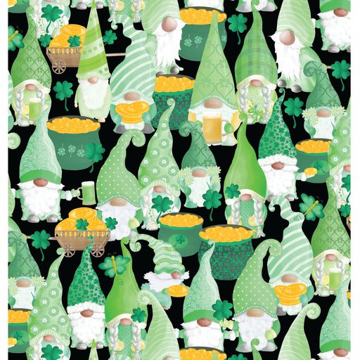 Lucky Gnomes St. Patrick's Day Fabric, Happy Go Lucky Gnomes on Black, Benartex