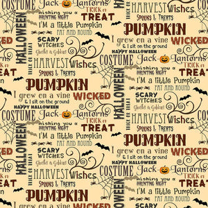 Haunted Village Words on Cream Fabric by Henry Glass, Halloween Fabric