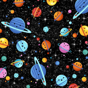 Hula Universe Fabric by Michael Miller, Cosmic Space on Black, Outer Space, Planets