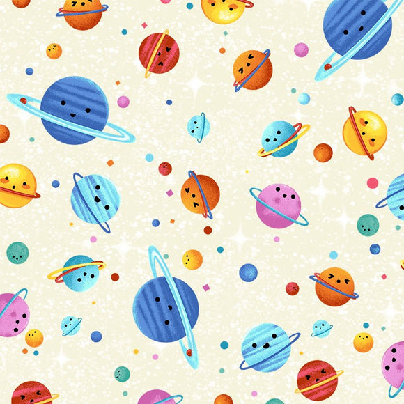 Hula Universe Fabric by Michael Miller, Cosmic Space on Cream, Outer Space, Planets