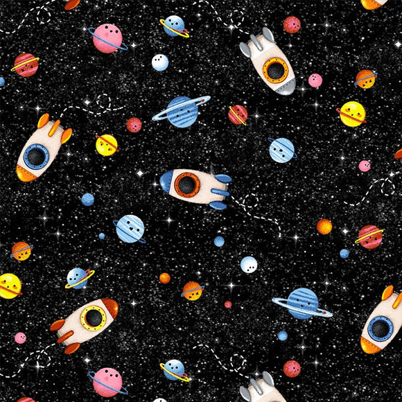 Hula Universe Fabric by Michael Miller, Fly By on Black, Outer Space, Planets