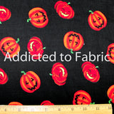 Bright Pumpkins on Black Background Fabric, Halloween Fabric