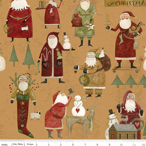 Kringle Main Gold Fabric by Riley Blake Designs, Christmas Fabric, Folk Art Santas