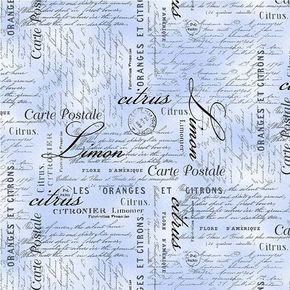 Limoncello Lemon Fabric by Michael Miller, Carte Postale, Postcards, Blue, Citrus Fabric