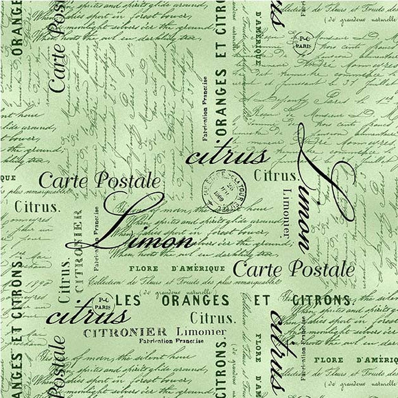 Limoncello Lemon Fabric by Michael Miller, Carte Postale, Postcards, Green, Citrus Fabric