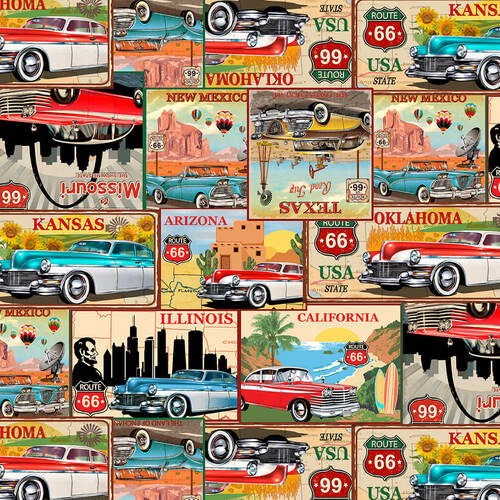 Life's a Kick Fabric by Blank Quilting Corp, Postcards Fabric, Classic Cars, Route 66