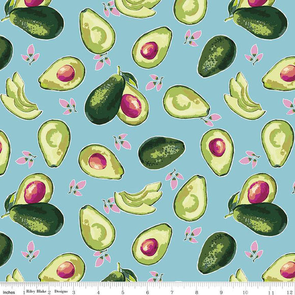 Lucy June Avocados Aqua Fabric by Riley Blake Designs, Food Fabric, Guacamole