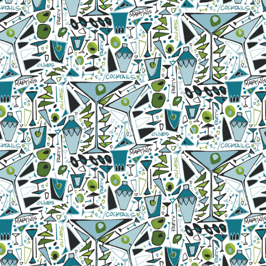 Martini Time Fabric by Clothworks, Cocktails, White Cotton Fabric