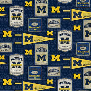 8" x 44" University of Michigan Wolverines Fabric, Vintage Pennants
