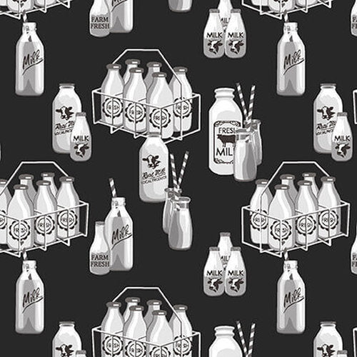Buttermilk Farmstead Fabric by Studio E, Milk Bottles, Black