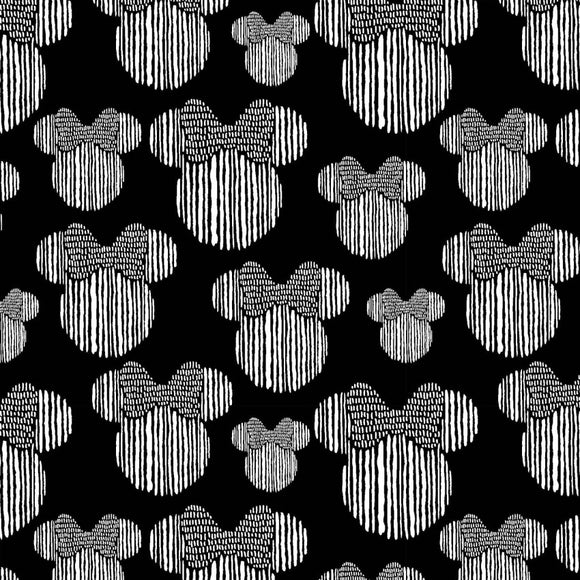 Minnie Mouse Sketch Heads Fabric, Black and White Minnie
