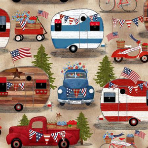9" x 44" Multi American Camping, American Spirit, Fabric by 3 Wishes, Patriotic Fabric