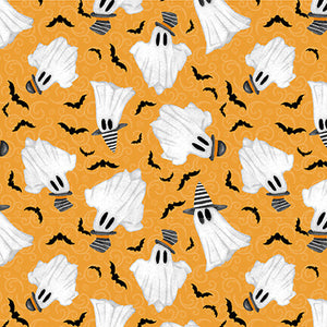 Olde Salem Black Hat Society Halloween Fabric by Henry Glass, Ghosts on Orange Glow