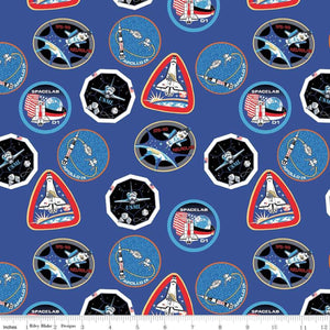 18" x 22" Out of This World NASA Astronaut Patches on Blue Cotton Fabric, Riley Blake