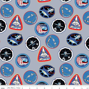 Out of This World NASA Astronaut Patches on Gray Cotton Fabric, Riley Blake