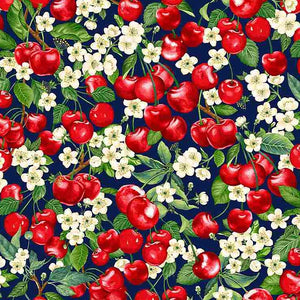 Cherry Pie Fabric by Timeless Treasures, Packed Cherries and Flowers, Cotton Fabric