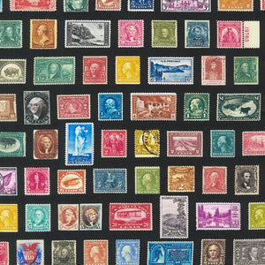 Library of Rarities, Antique Postage Stamps on Black Fabric by Robert Kaufman