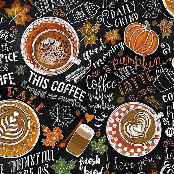 Coffee Fabric, Hello Fall Pumpkin Spice Fabric by Timeless Treasures, Rise and Grind