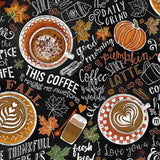 Coffee Fabric, Hello Fall Pumpkin Spice Fabric by Timeless Treasures, Rise and Grind