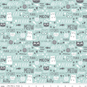 6" x 44" Purrfect Day Fabric by Riley Blake, Cat Fabric, Aqua, Kitty