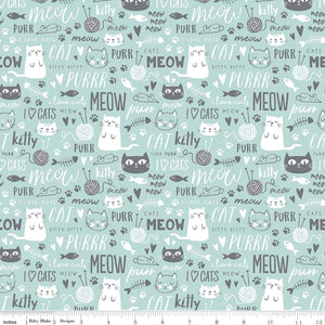 Purrfect Day Fabric by Riley Blake, Cat Fabric, Aqua, Kitty
