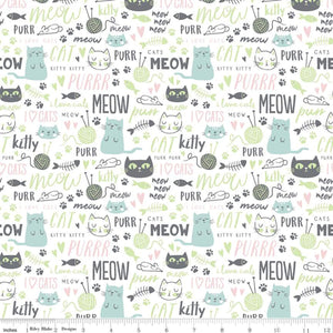 18" x 22" Purrfect Day Fabric by Riley Blake, Cat Fabric, Aqua on White, Kitty
