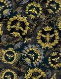 Queen Bee Fabric by Timeless Treasures, Golden Crests, Cotton Black