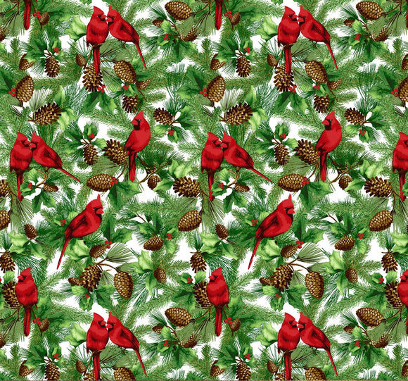 Red Cardinals in Pine Trees Fabric by David Textiles, Christmas Cardinals on White, Birds