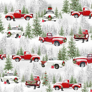 10" x 44"The Tradition Continues Red Trucks Christmas Fabric by Henry Glass, White