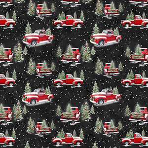 11" x 44" The Tradition Continues Red Trucks Christmas Fabric by Henry Glass, Black