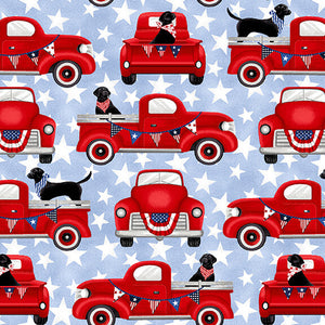 13" x 44" Truckin' in the USA, Patriotic Trucks with Dogs Fabric by Studio E