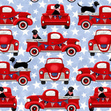 13" x 44" Truckin' in the USA, Patriotic Trucks with Dogs Fabric by Studio E