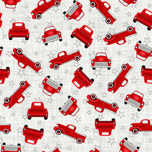 7" x 44" Truckin' in the USA, Patriotic Red Trucks Allover Fabric by Studio E