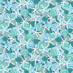 Salt & Sea Fabric by Henry Glass, Packed Shells and Starfish, Blue, Ocean, Beach Fabric