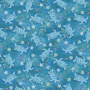 Salt & Sea Fabric by Henry Glass, Sea Turtles, Dark Blue, Ocean, Beach Fabric