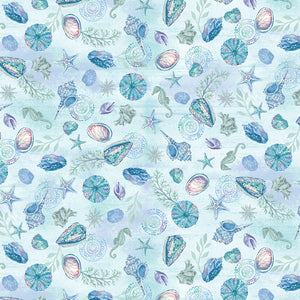 Salt & Sea Fabric by Henry Glass, Shells and Seahorses, Light Blue, Ocean, Beach Fabric