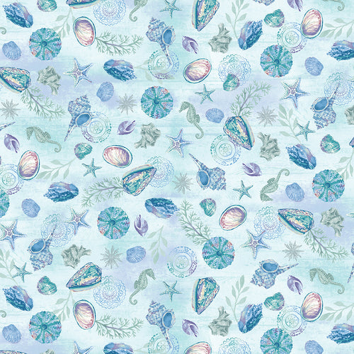 Salt & Sea Fabric by Henry Glass, Shells and Seahorses, Light Blue, Ocean, Beach Fabric
